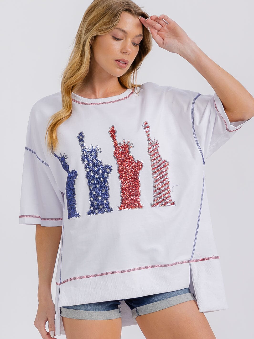 WOMEN'S SHORT SLEEVE HIGH-LOW PATRIOTIC PRINT SHIRT