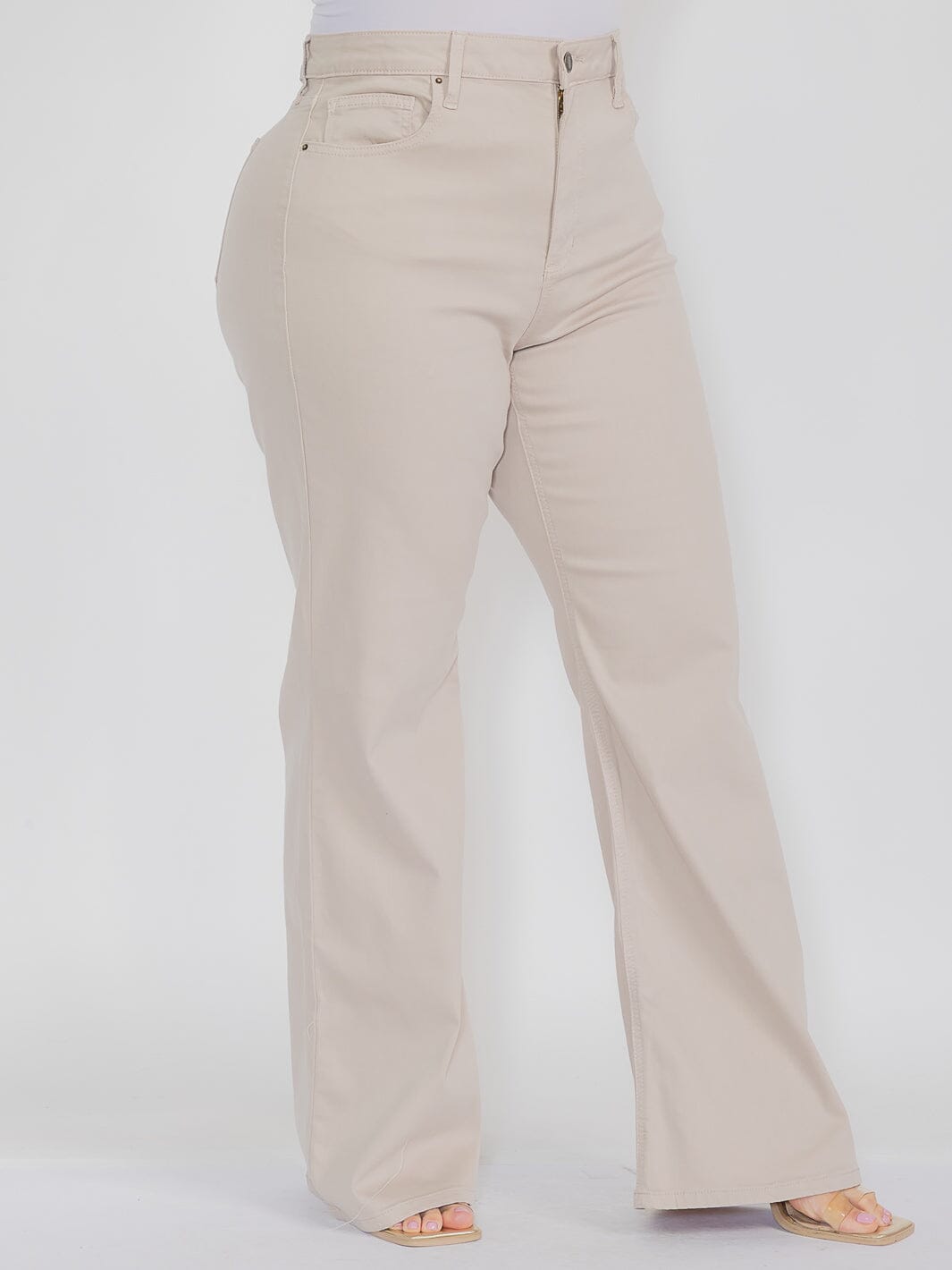 PLUS SIZE BUTTON CLOSURE POCKETS WIDE LEG PANTS