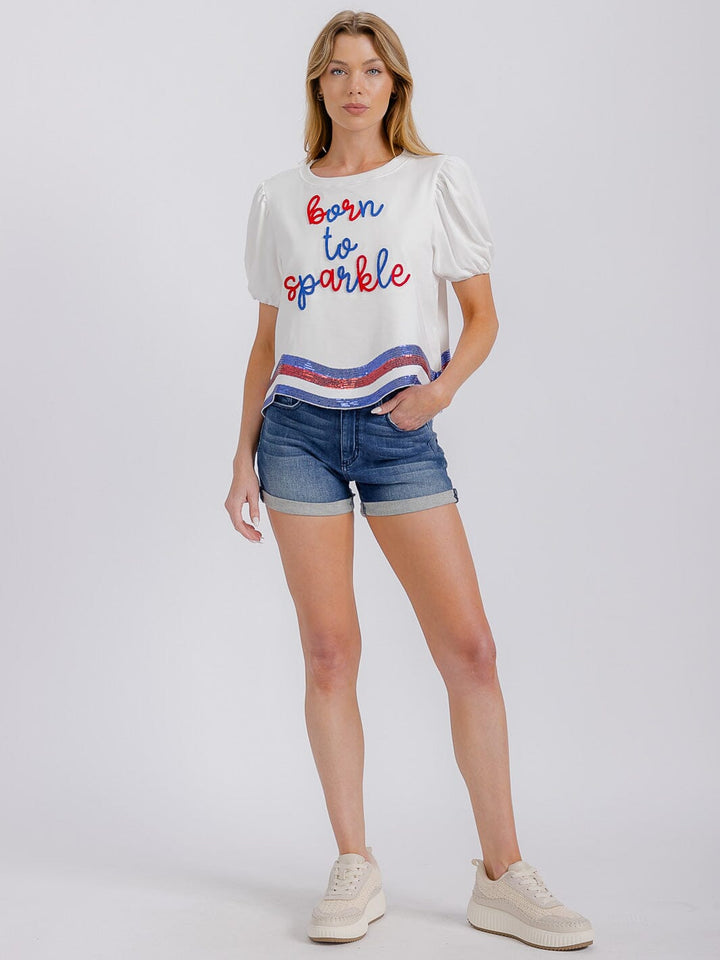WOMEN'S SHORT SLEEVE TRIM DETAILED PATRIOTIC PRINT TOP
