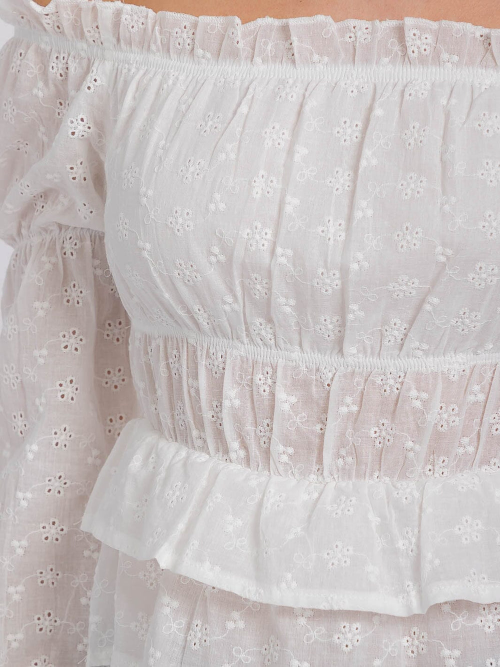 WOMEN'S LONG SLEEVE OFF SHOULDER RUFFLE EYLET BLOUSE