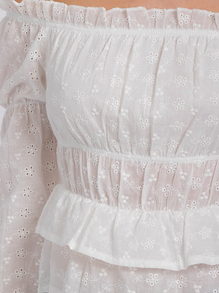 WOMEN'S LONG SLEEVE OFF SHOULDER RUFFLE EYLET BLOUSE