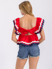 WOMEN'S SHORT RUFFLE SLEEVES V-NECK OPEN BACK TRIM DETAILED TOP