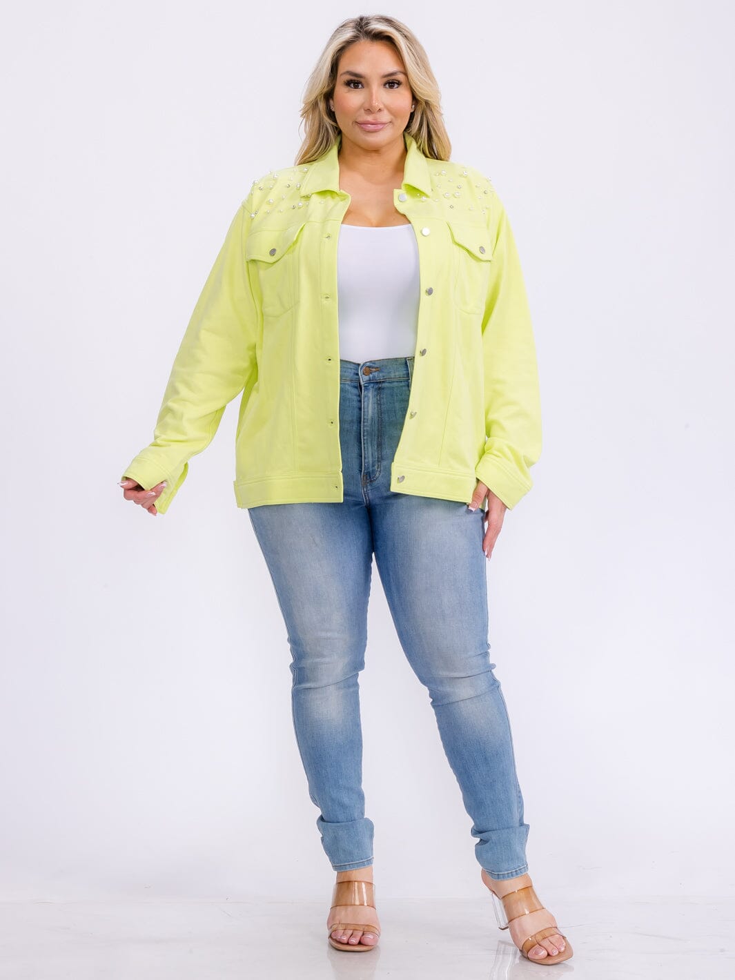 PLUS SIZE LONG SLEEVE BUTTON UP POCKETS STUDS DETAILED TOP