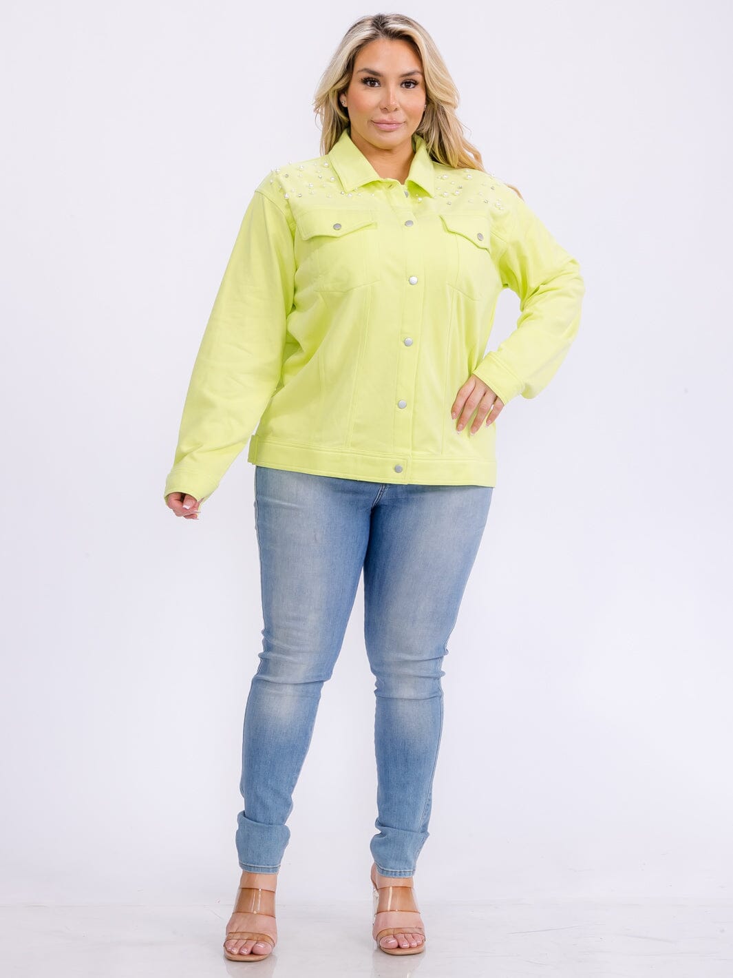 PLUS SIZE LONG SLEEVE BUTTON UP POCKETS STUDS DETAILED TOP