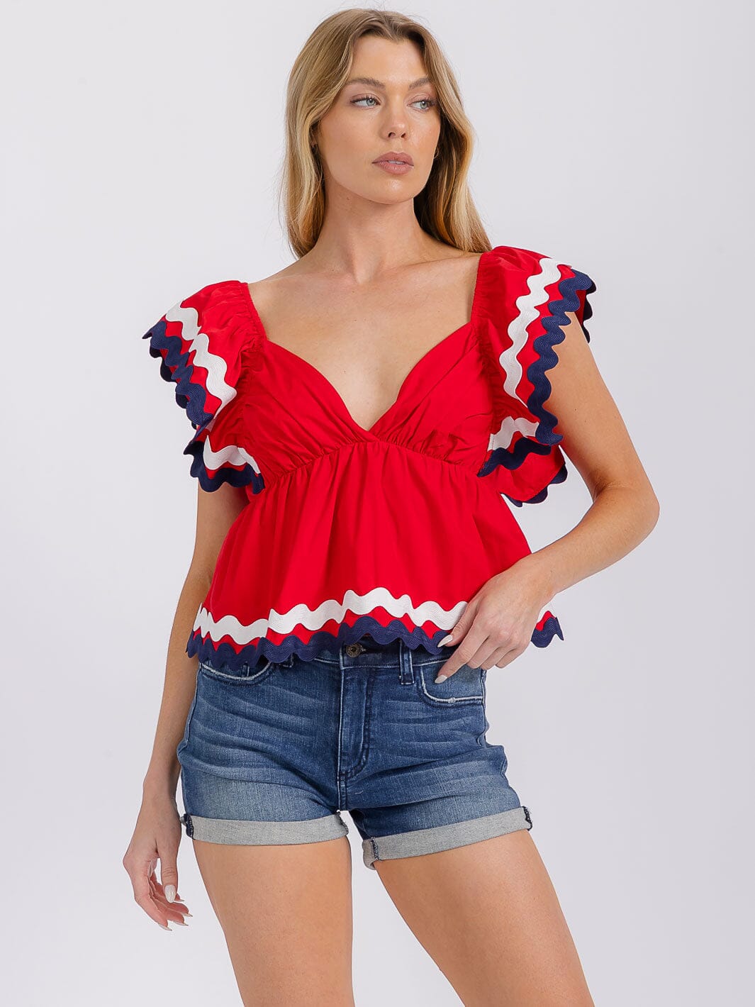 WOMEN'S SHORT RUFFLE SLEEVES V-NECK OPEN BACK TRIM DETAILED TOP