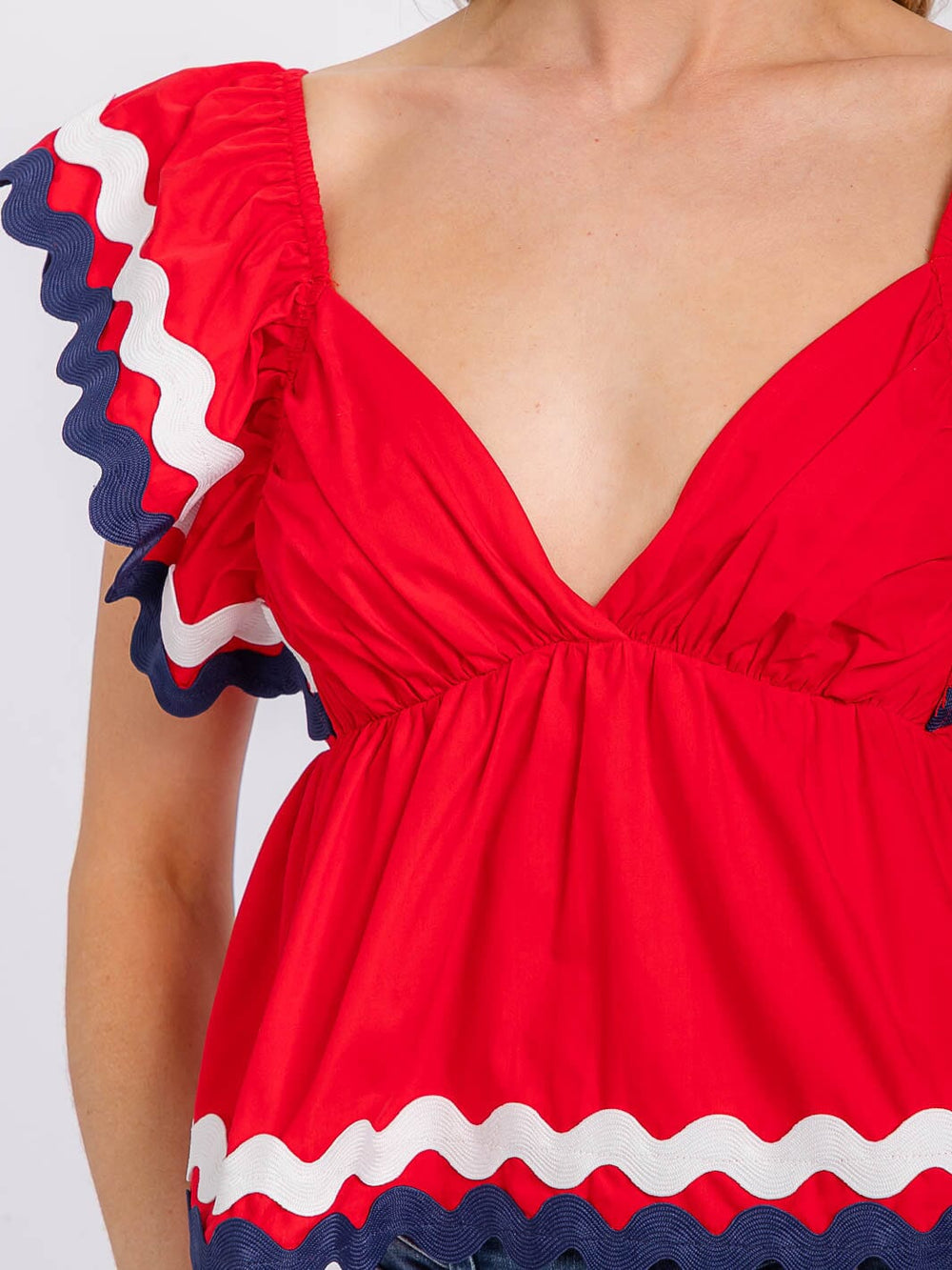 WOMEN'S SHORT RUFFLE SLEEVES V-NECK OPEN BACK TRIM DETAILED TOP