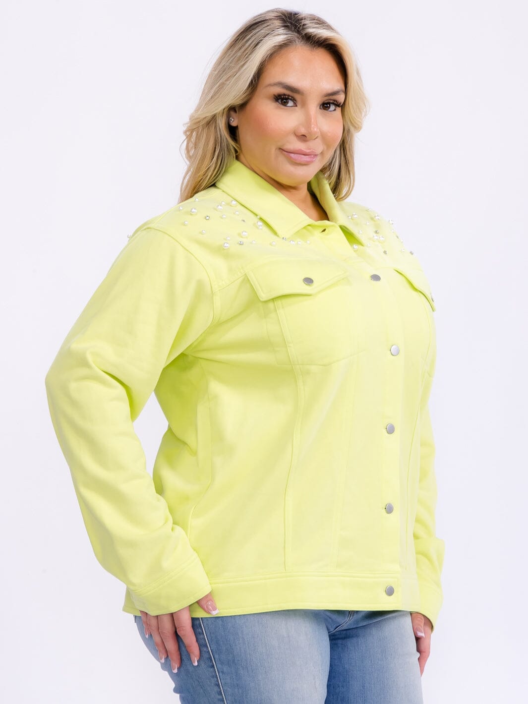 PLUS SIZE LONG SLEEVE BUTTON UP POCKETS STUDS DETAILED TOP