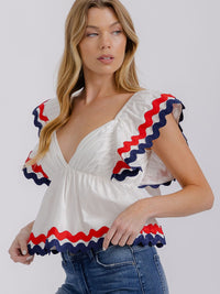 WOMEN'S SHORT RUFFLE SLEEVES V-NECK OPEN BACK TRIM DETAILED TOP
