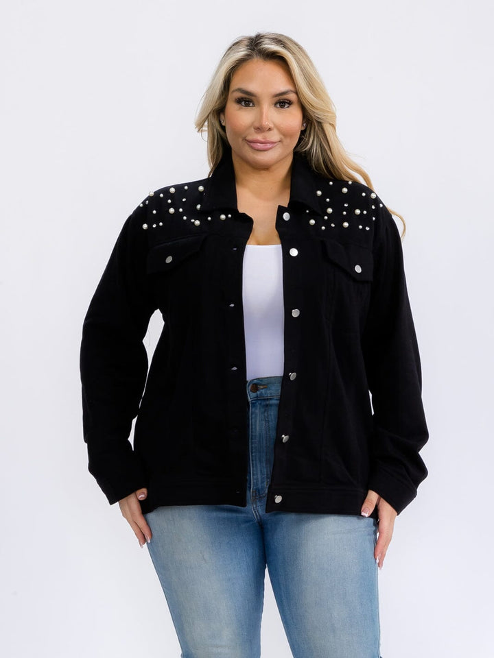 PLUS SIZE LONG SLEEVE BUTTON UP POCKETS STUDS DETAILED TOP