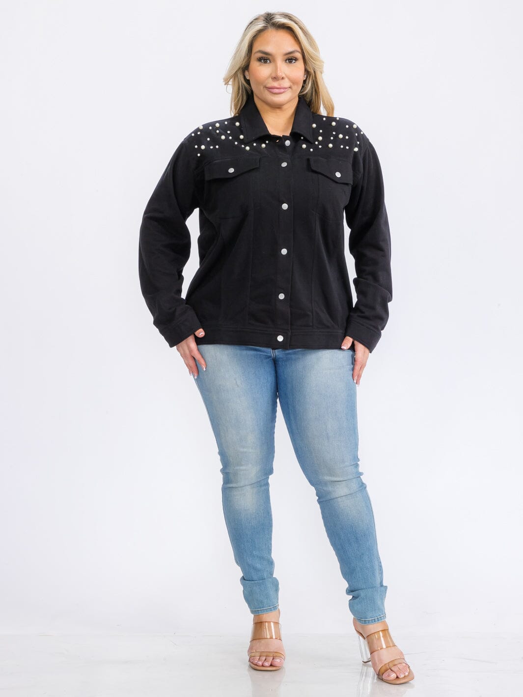 PLUS SIZE LONG SLEEVE BUTTON UP POCKETS STUDS DETAILED TOP
