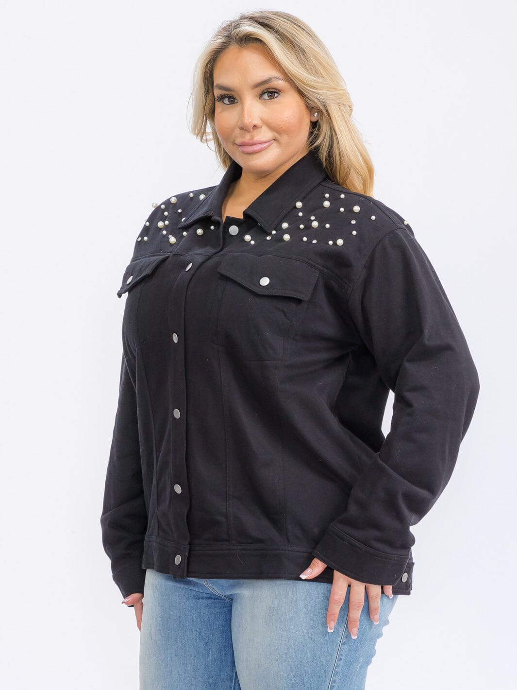 PLUS SIZE LONG SLEEVE BUTTON UP POCKETS STUDS DETAILED TOP