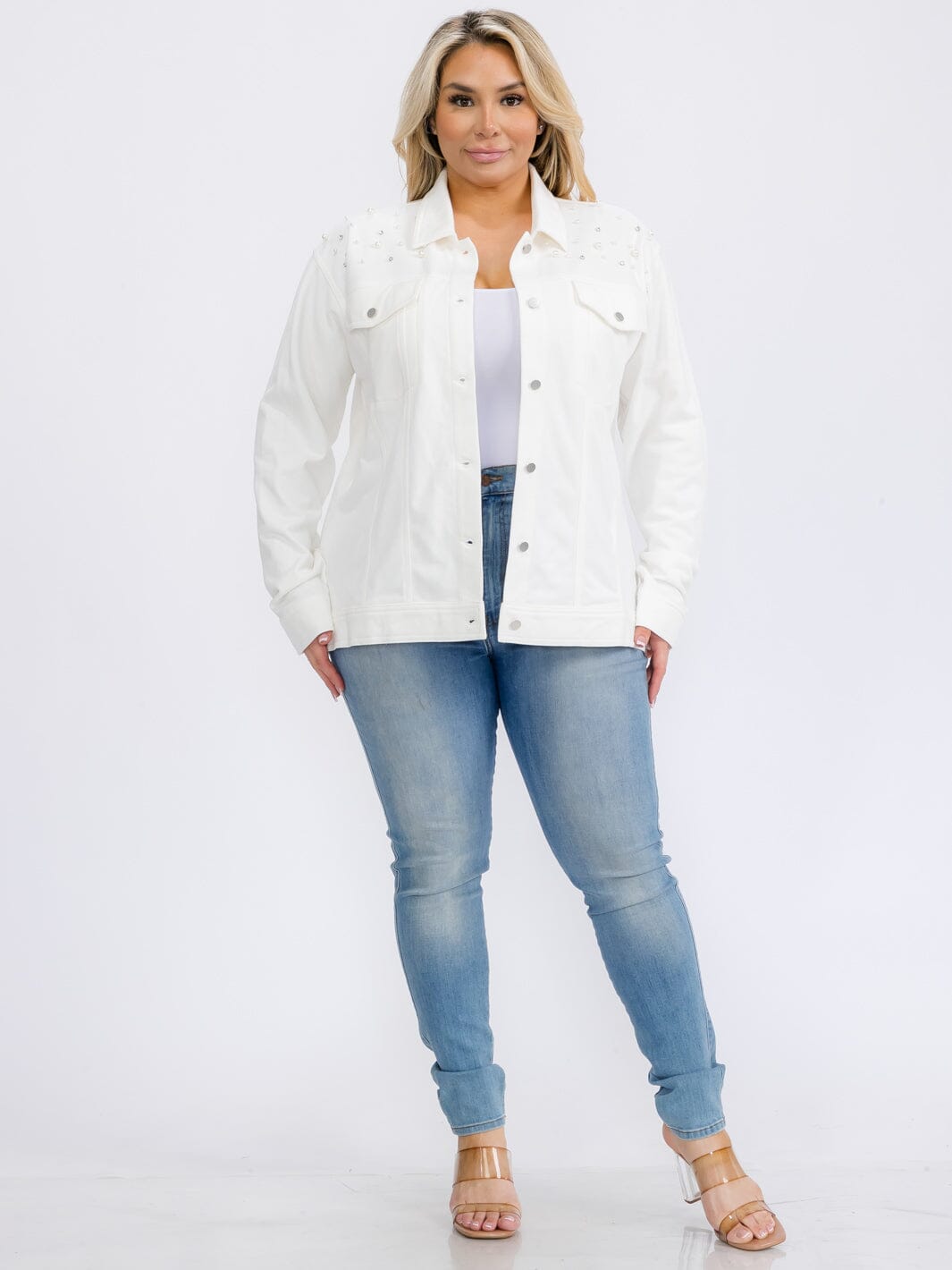 PLUS SIZE LONG SLEEVE BUTTON UP POCKETS STUDS DETAILED TOP