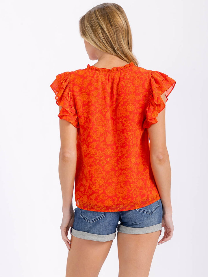 WOMEN'S RUFFLE SLEEVES V-NECK FLORAL BLOUSE