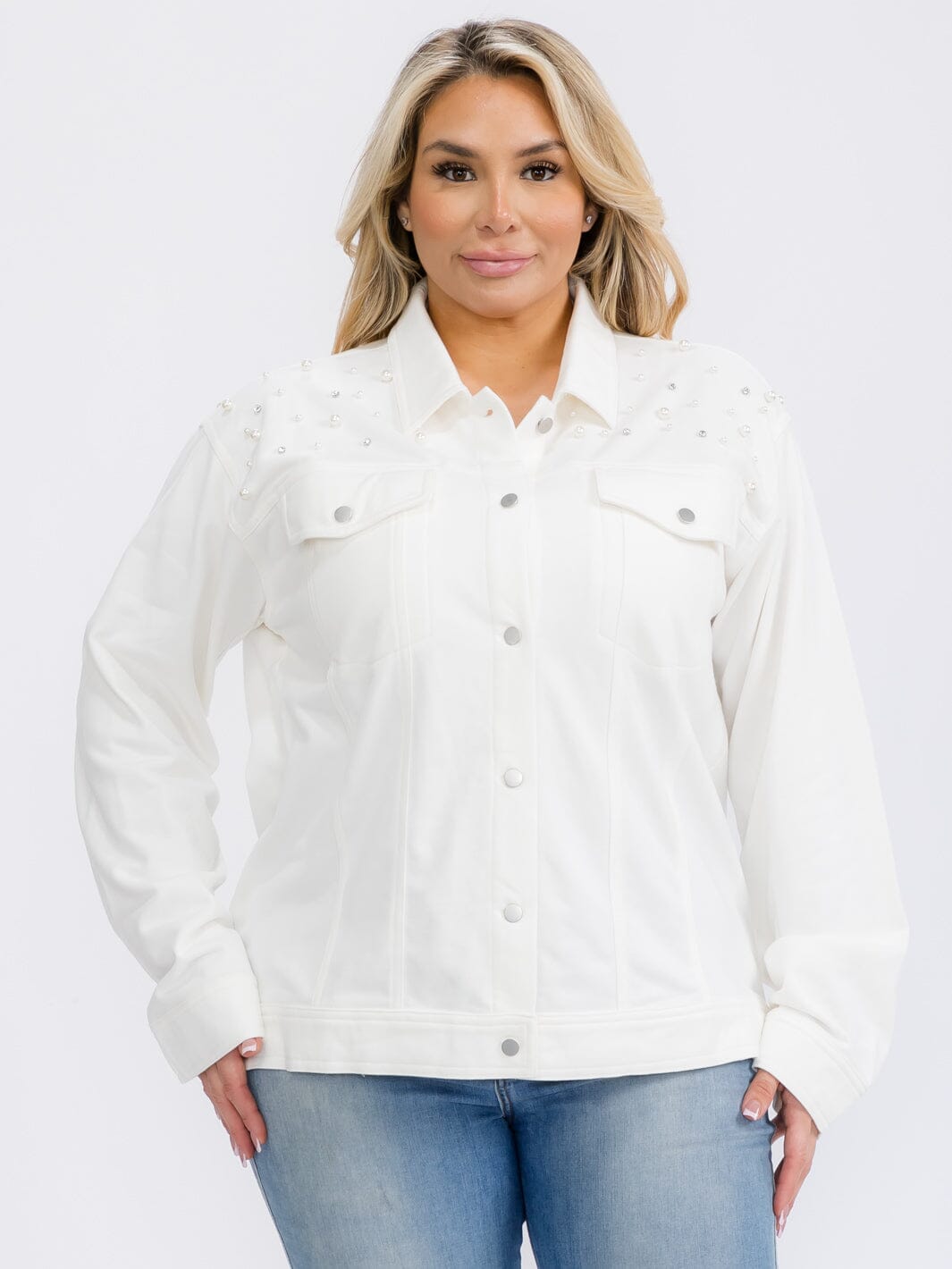 PLUS SIZE LONG SLEEVE BUTTON UP POCKETS STUDS DETAILED TOP