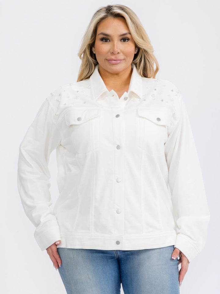 PLUS SIZE LONG SLEEVE BUTTON UP POCKETS STUDS DETAILED TOP