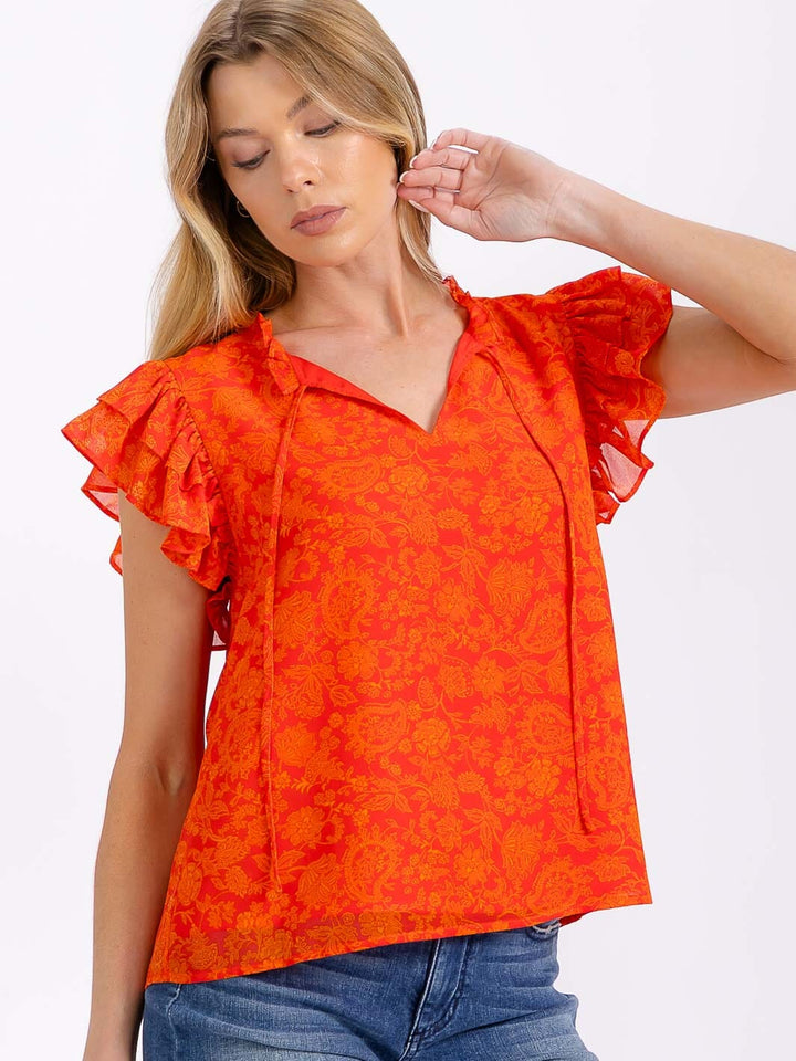 WOMEN'S RUFFLE SLEEVES V-NECK FLORAL BLOUSE
