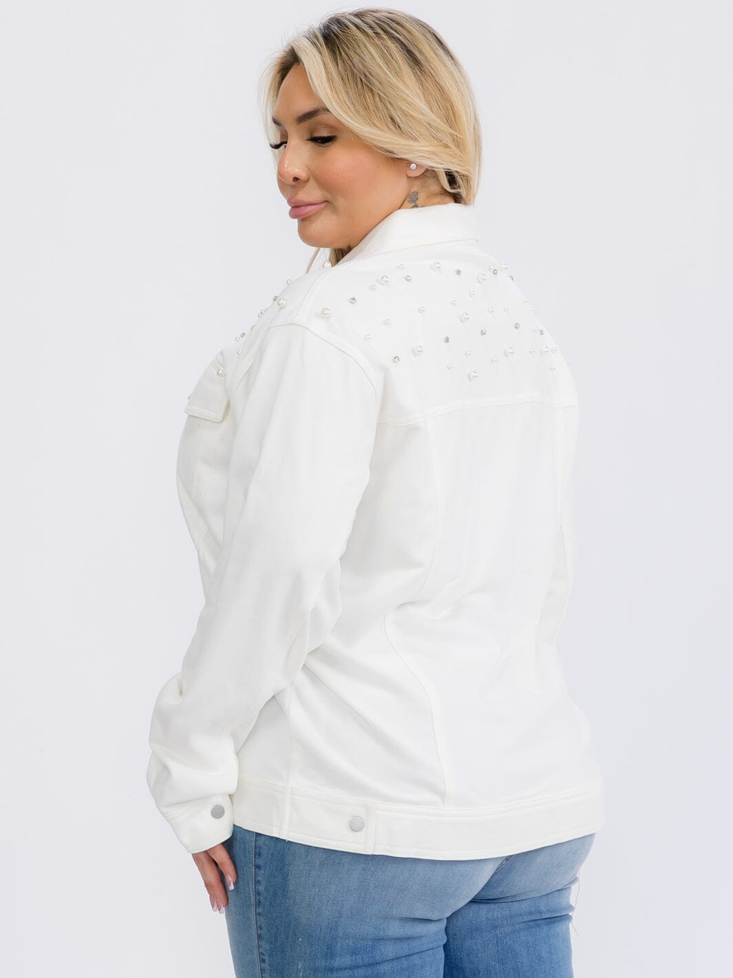 PLUS SIZE LONG SLEEVE BUTTON UP POCKETS STUDS DETAILED TOP