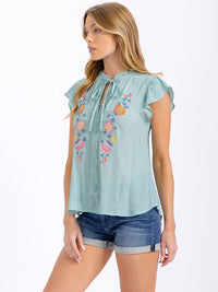 WOMEN'S SHORT SLEEVE V-NECK FLORAL EMBROIDERY BLOUSE