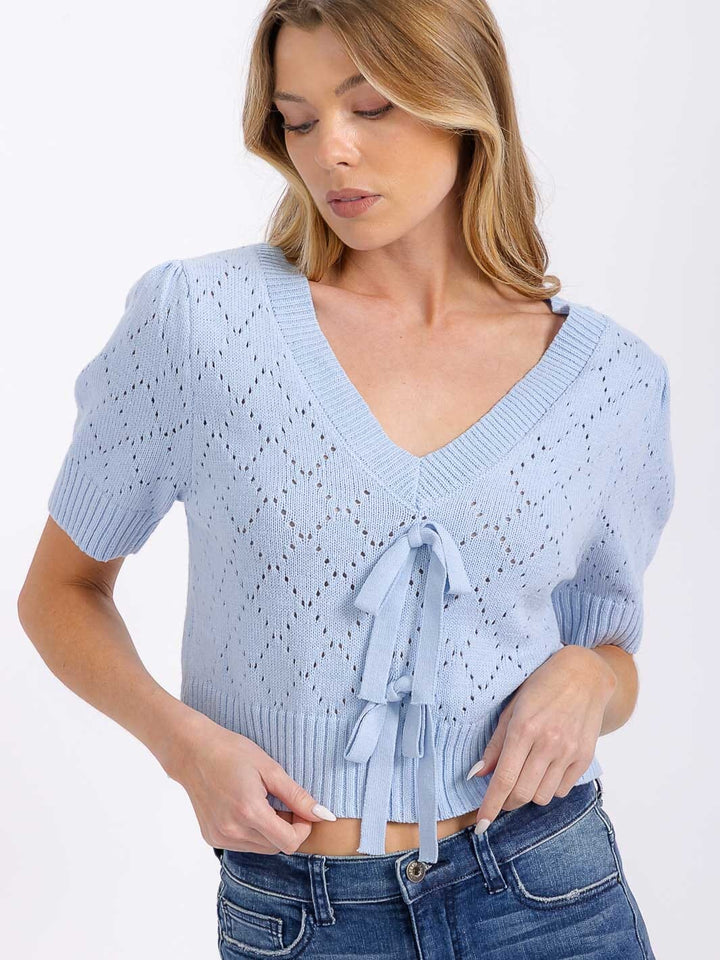 WOMEN'S SHORT SLEEVES V-NECK KNIT TOP