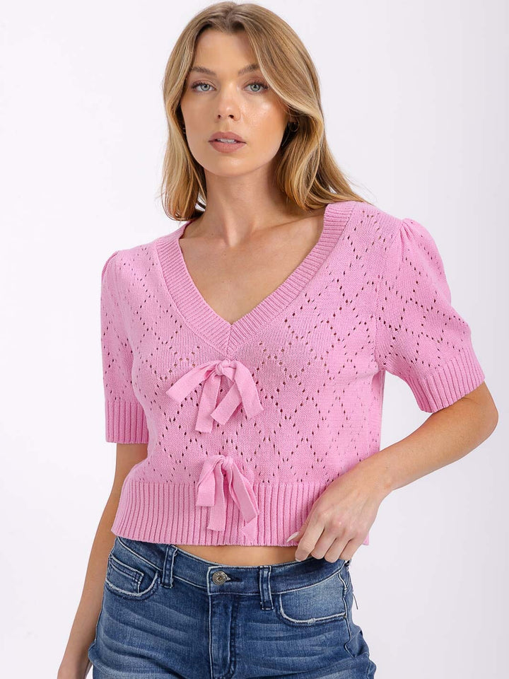 WOMEN'S SHORT SLEEVES V-NECK KNIT TOP