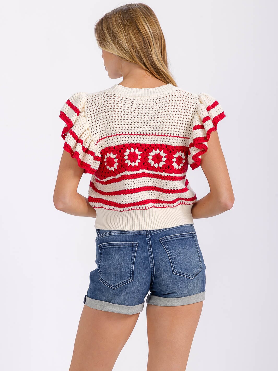 WOMEN'S SHORT RUFFLE SLEEVES COLORBLOCK KNIT TOP