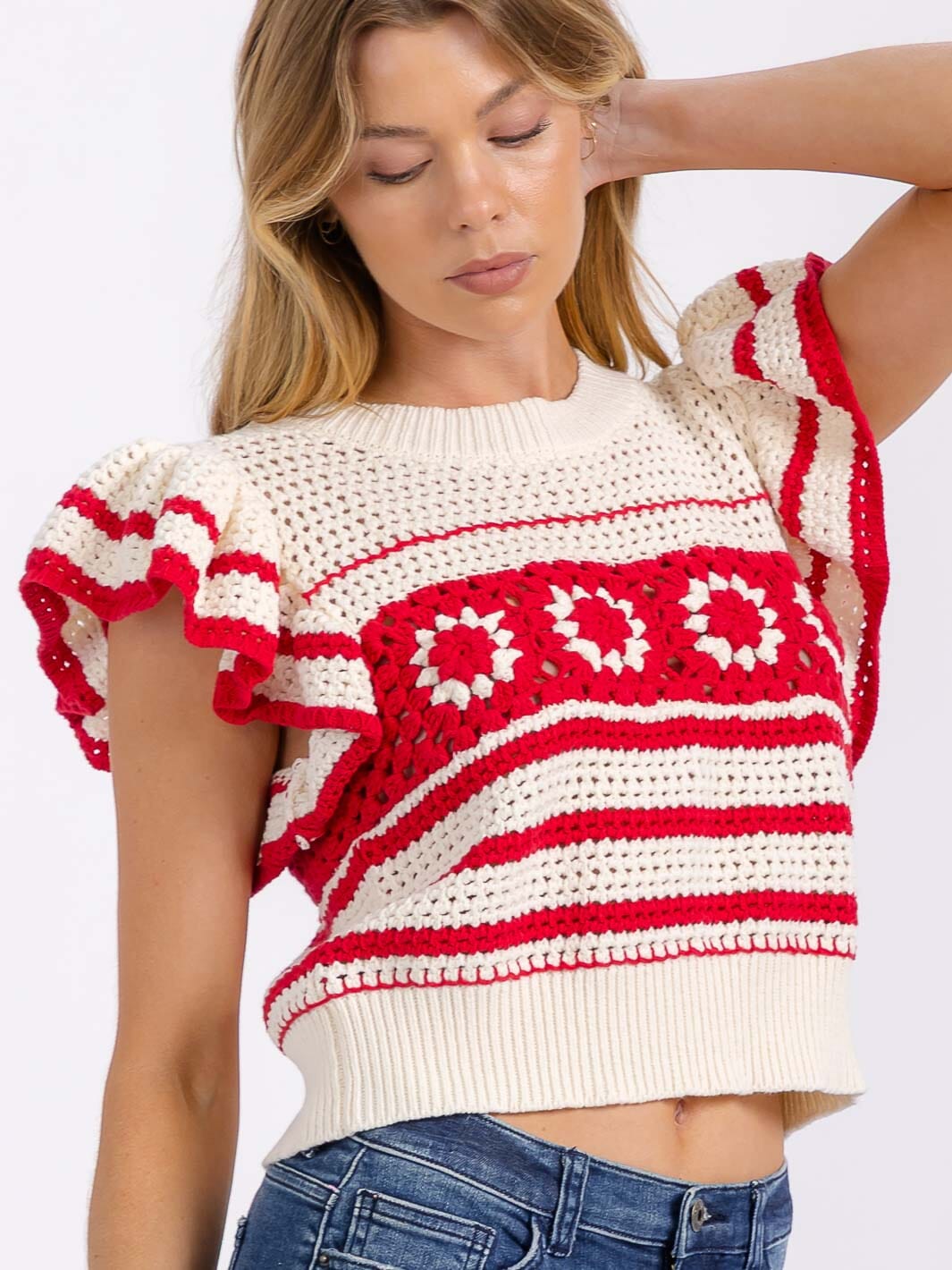 WOMEN'S SHORT RUFFLE SLEEVES COLORBLOCK KNIT TOP