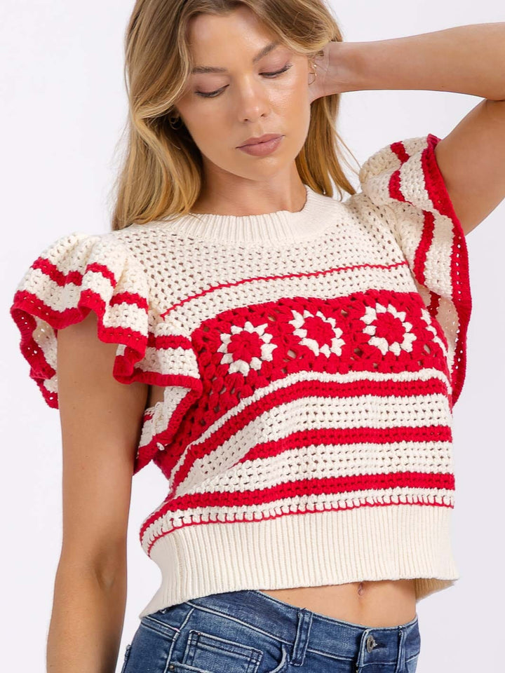 WOMEN'S SHORT RUFFLE SLEEVES COLORBLOCK KNIT TOP