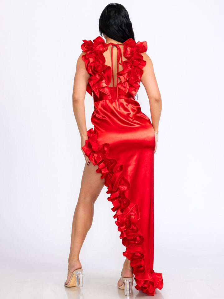 WOMEN'S SLEEVELESS V-NECK SIDE SLIT RUFFLE BODYCON MAXI DRESS