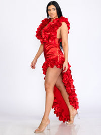 WOMEN'S SLEEVELESS V-NECK SIDE SLIT RUFFLE BODYCON MAXI DRESS