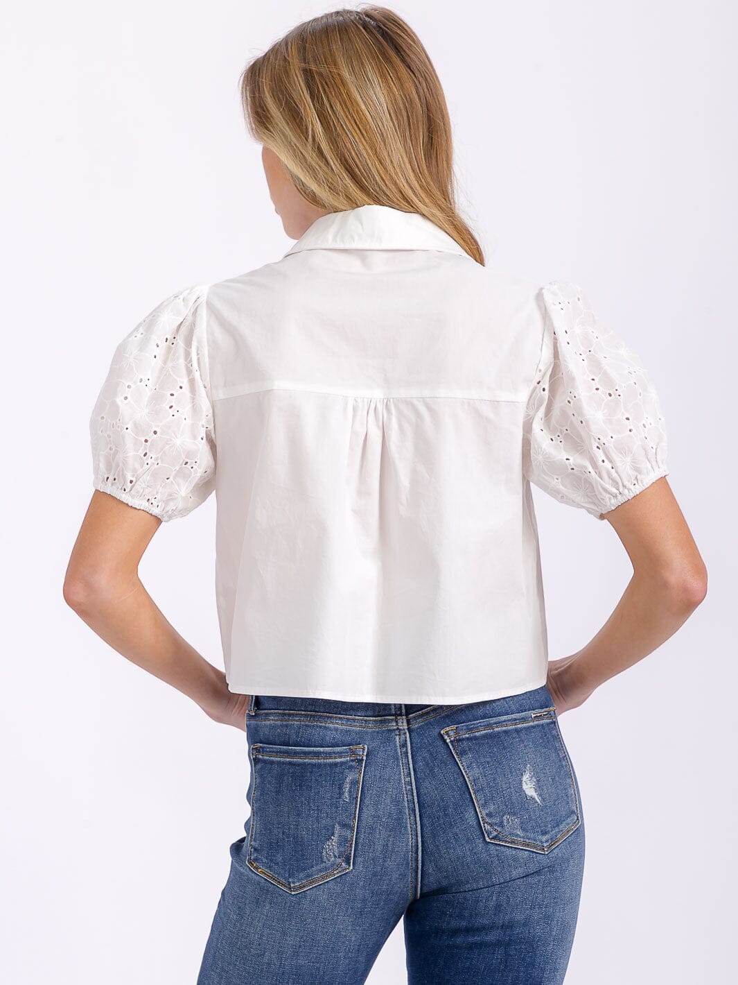 WOMEN'S SHORT EYELET SLEEVES BUTTON UP COLLAR BLOUSE