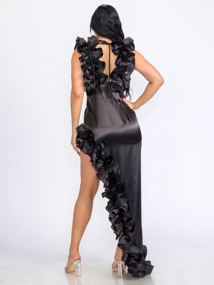 WOMEN'S SLEEVELESS V-NECK SIDE SLIT RUFFLE BODYCON MAXI DRESS