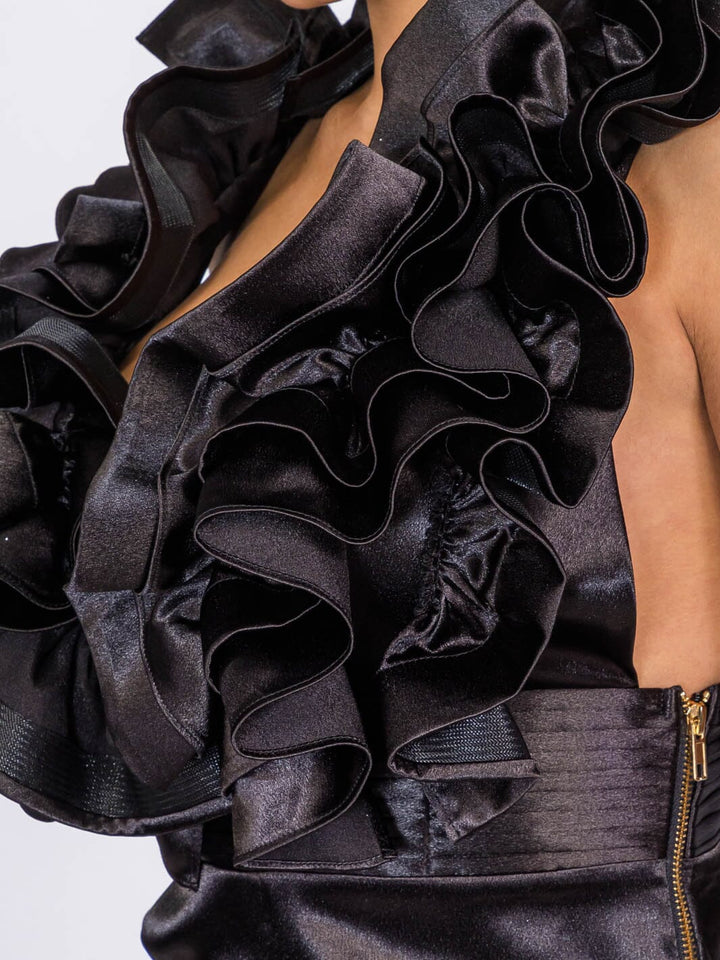 WOMEN'S SLEEVELESS V-NECK SIDE SLIT RUFFLE BODYCON MAXI DRESS