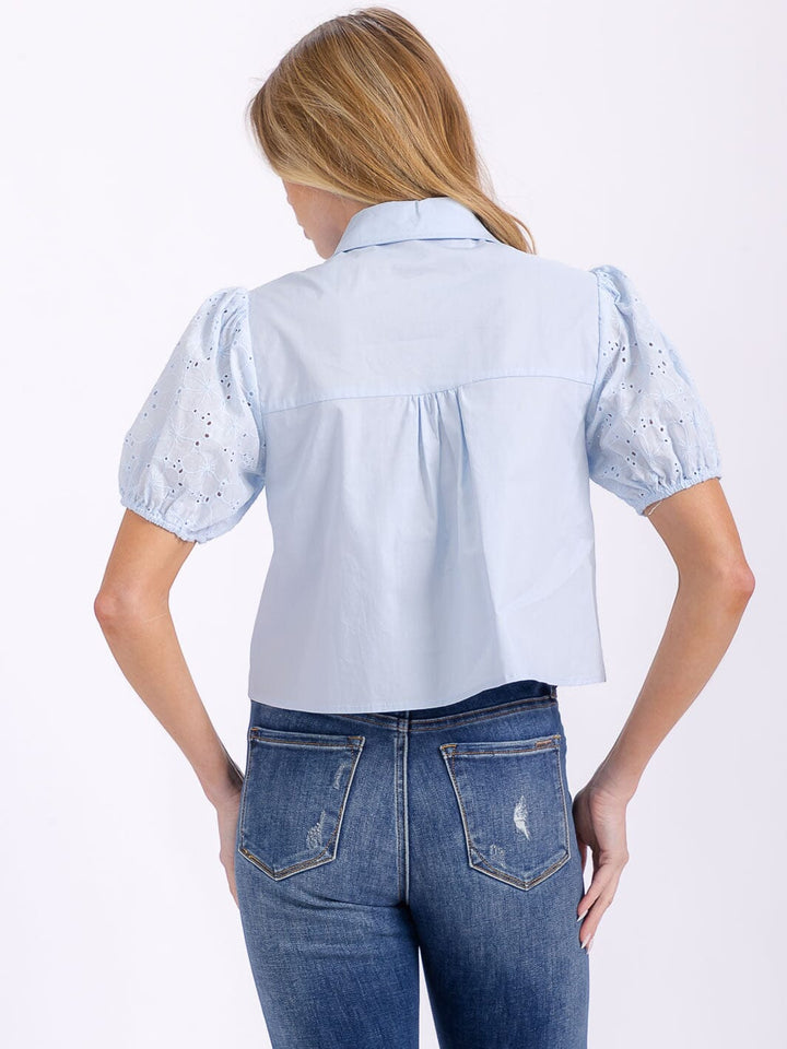 WOMEN'S SHORT EYELET SLEEVES BUTTON UP COLLAR BLOUSE
