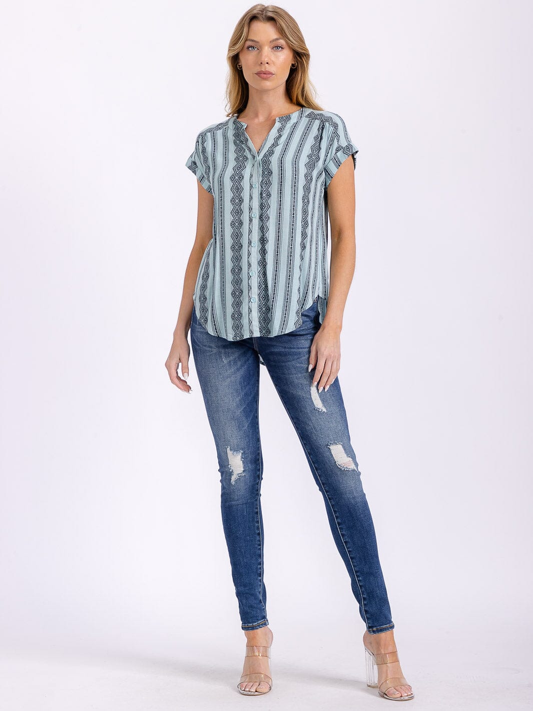 WOMEN'S SHORT SLEEVE BUTTON UP MULTI PRINT BLOUSE