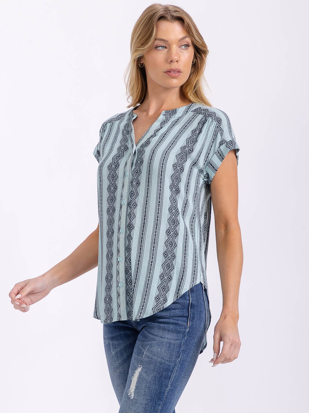 WOMEN'S SHORT SLEEVE BUTTON UP MULTI PRINT BLOUSE