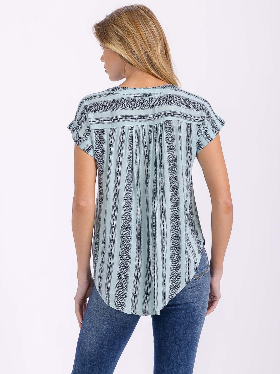 WOMEN'S SHORT SLEEVE BUTTON UP MULTI PRINT BLOUSE