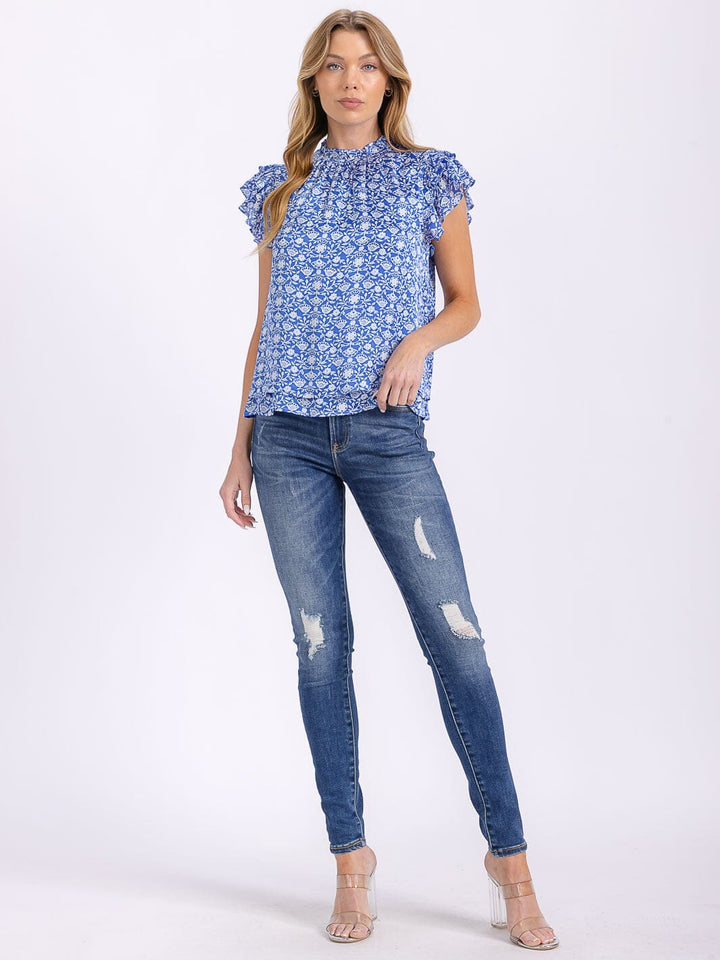 WOMEN'S SHORT SLEEVE MOCK NECK FLORAL BLOUSE