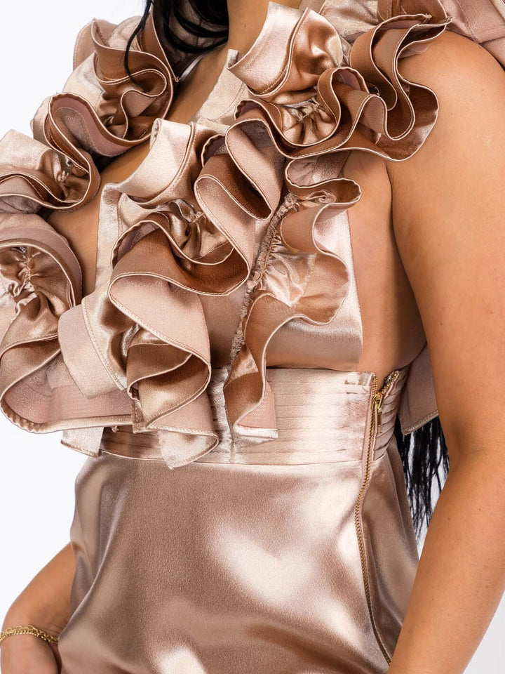 WOMEN'S SLEEVELESS V-NECK SIDE SLIT RUFFLE BODYCON MAXI DRESS