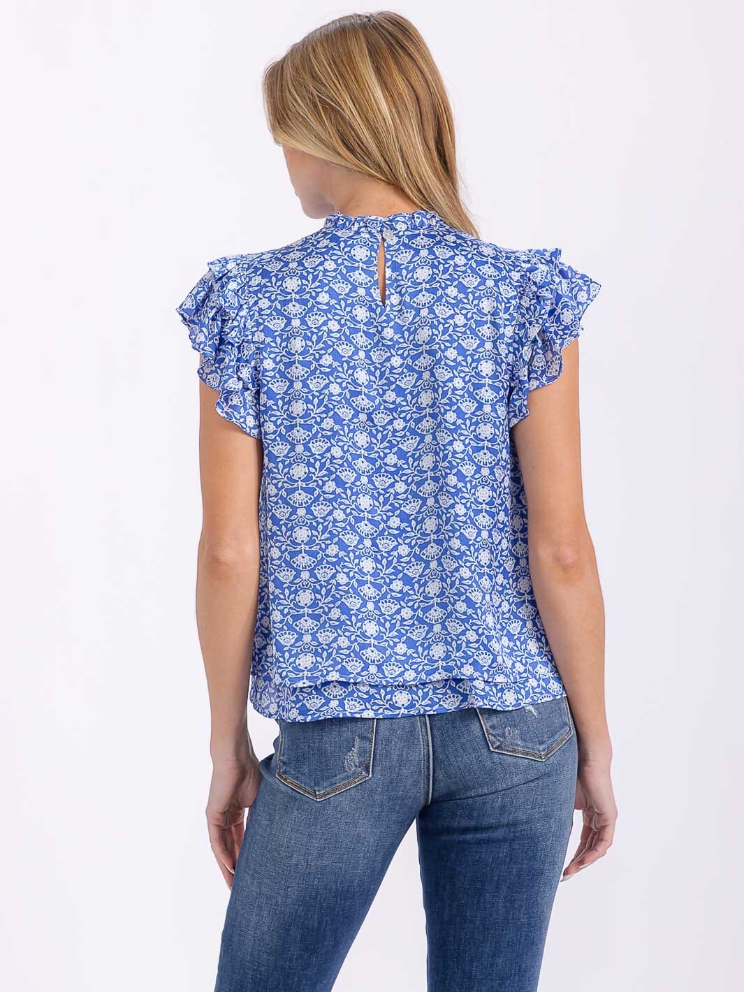 WOMEN'S SHORT SLEEVE MOCK NECK FLORAL BLOUSE