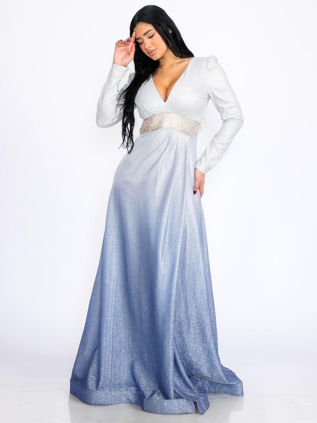 WOMEN'S LONG SLEEVES V-NECK WAIST DETAILED COLORBLOCK SEQUINS MAXI DRESS