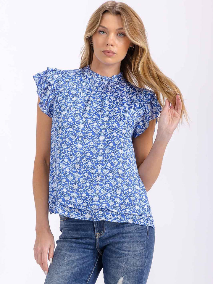 WOMEN'S SHORT SLEEVE MOCK NECK FLORAL BLOUSE