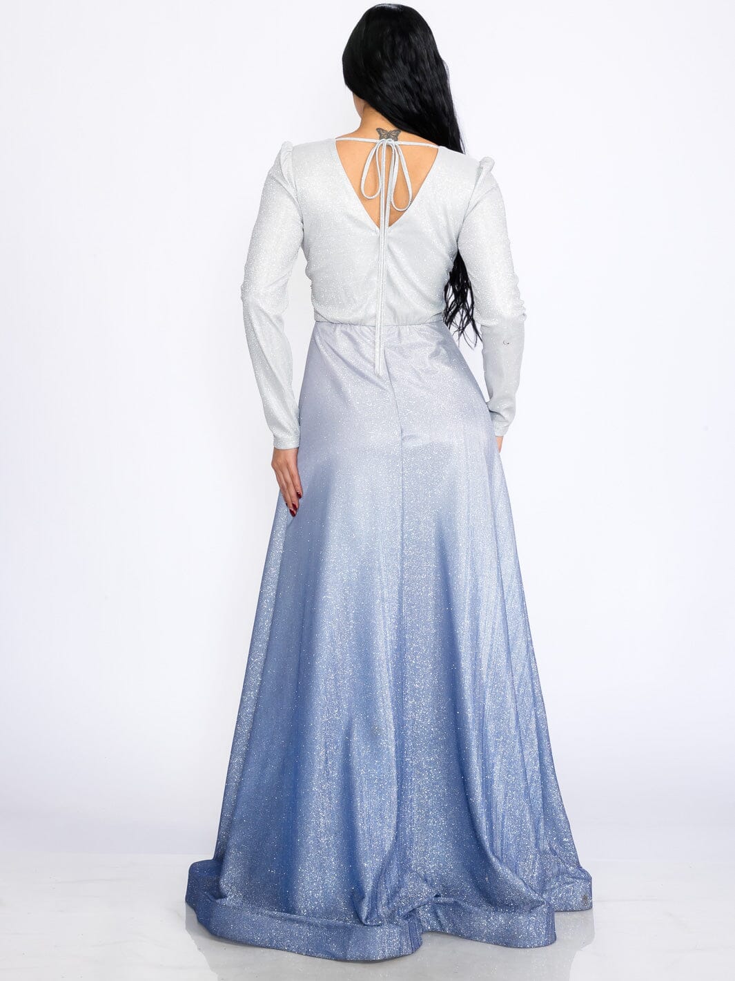 WOMEN'S LONG SLEEVES V-NECK WAIST DETAILED COLORBLOCK SEQUINS MAXI DRESS