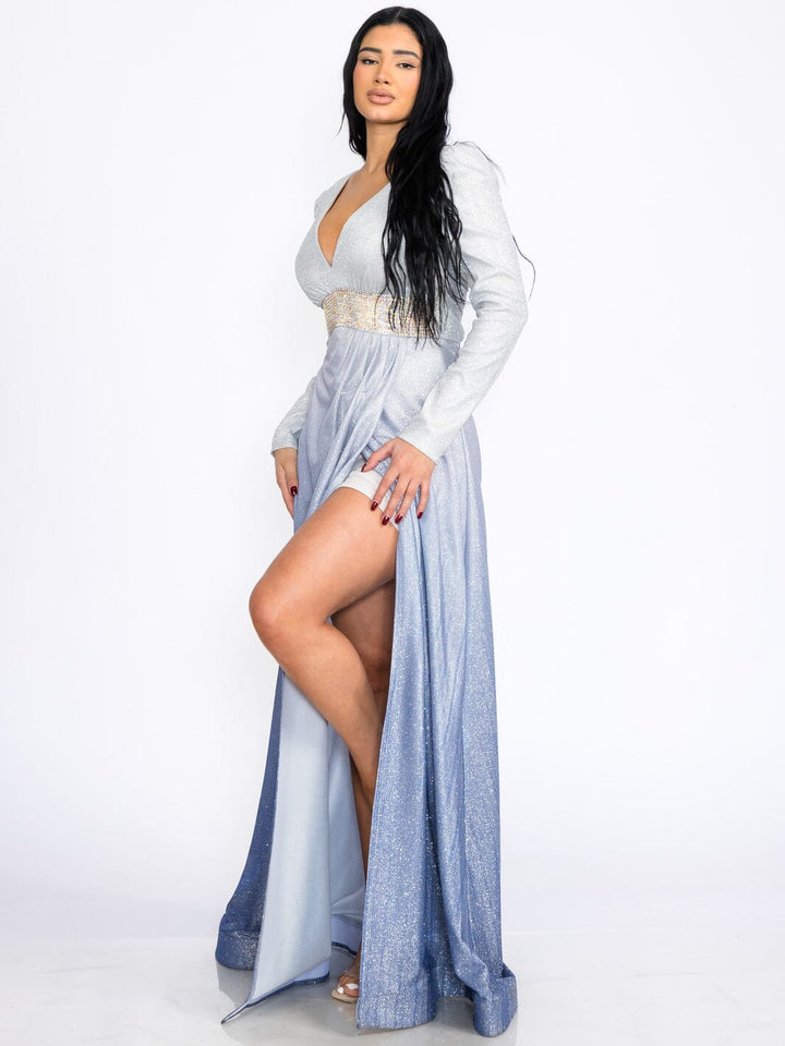 WOMEN'S LONG SLEEVES V-NECK WAIST DETAILED COLORBLOCK SEQUINS MAXI DRESS