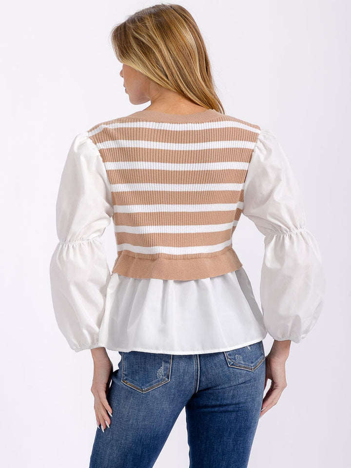 WOMEN'S LONG PUFF SLEEVES COLORBLOCK STRIPES CONTRAST BLOUSE
