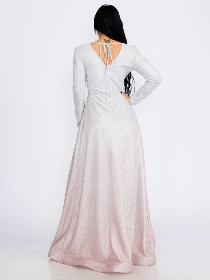 WOMEN'S LONG SLEEVES V-NECK WAIST DETAILED COLORBLOCK SEQUINS MAXI DRESS