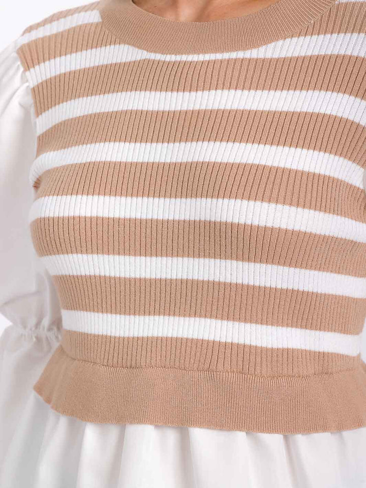 WOMEN'S LONG PUFF SLEEVES COLORBLOCK STRIPES CONTRAST BLOUSE
