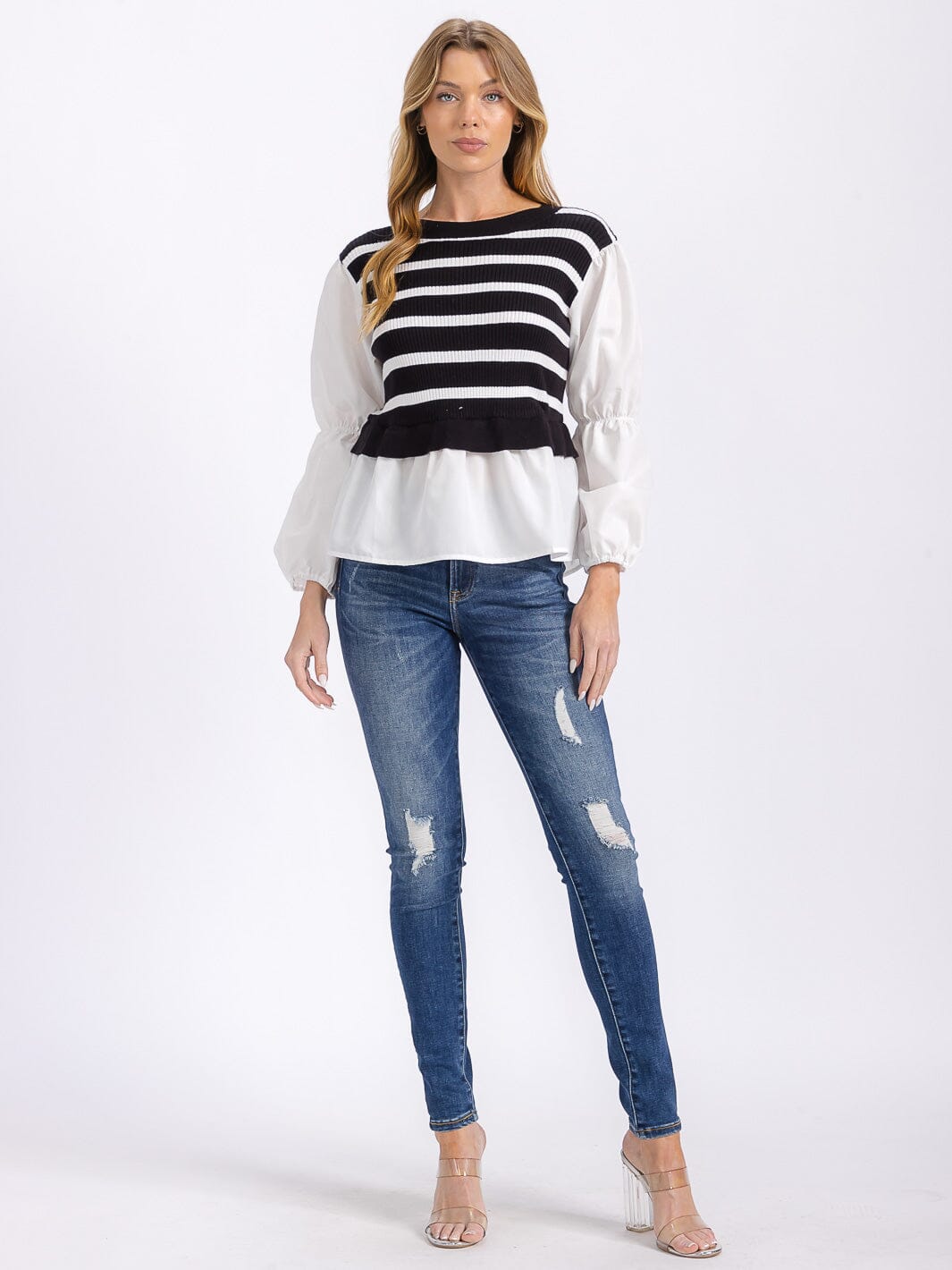 WOMEN'S LONG PUFF SLEEVES COLORBLOCK STRIPES CONTRAST BLOUSE