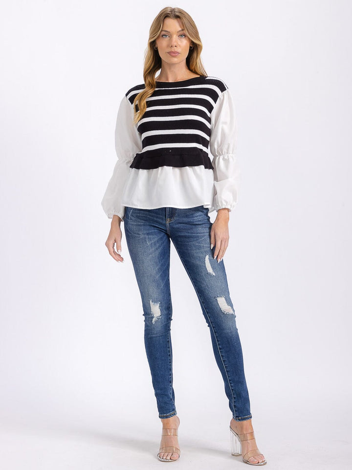 WOMEN'S LONG PUFF SLEEVES COLORBLOCK STRIPES CONTRAST BLOUSE