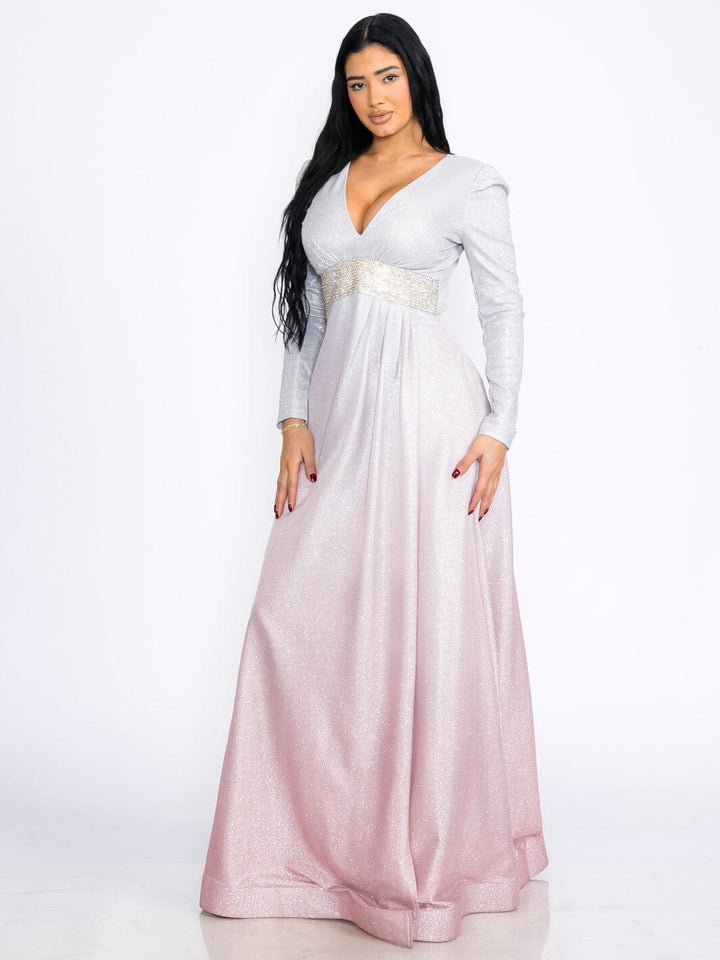 WOMEN'S LONG SLEEVES V-NECK WAIST DETAILED COLORBLOCK SEQUINS MAXI DRESS