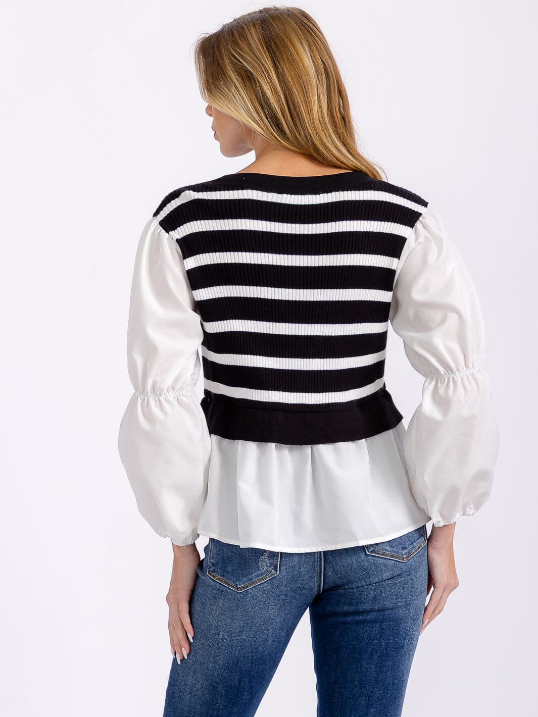 WOMEN'S LONG PUFF SLEEVES COLORBLOCK STRIPES CONTRAST BLOUSE